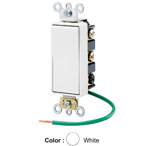 Leviton 5686-2W, Decora Plus Double Pole Double Throw Rocker Switch, Maintained Contact, Center Off, Commercial Grade, 15 Amp, 120/277 Volt, Green Grounding Lead, Self-Grounding, Back and Side Wired, White