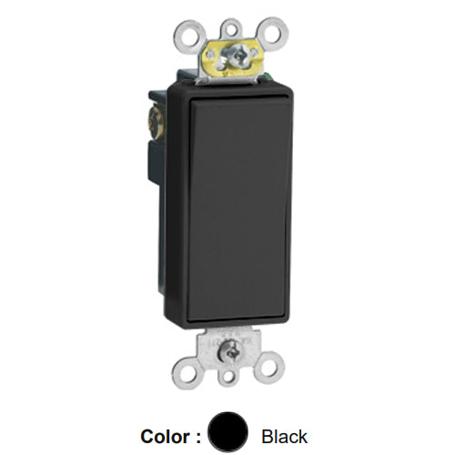 Leviton 5691-2E, Single Pole Decora Plus AC Quiet Rocker Switch, Commercial Specification Grade, 15 Amp, 120/277 Volt, Self-Grounding, Back and Side Wired, Black