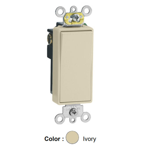 Leviton 5691-2I, Single Pole Decora Plus AC Quiet Rocker Switch, Commercial Specification Grade, 15 Amp, 120/277 Volt, Self-Grounding, Back and Side Wired, Ivory