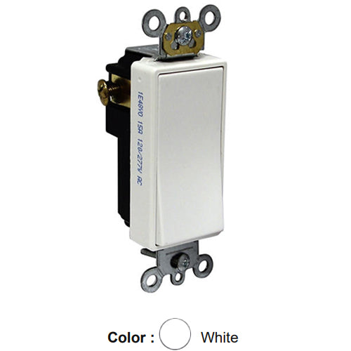Leviton 5691-2W, Single Pole Decora Plus AC Quiet Rocker Switch, Commercial Specification Grade, 15 Amp, 120/277 Volt, Self-Grounding, Back and Side Wired, White