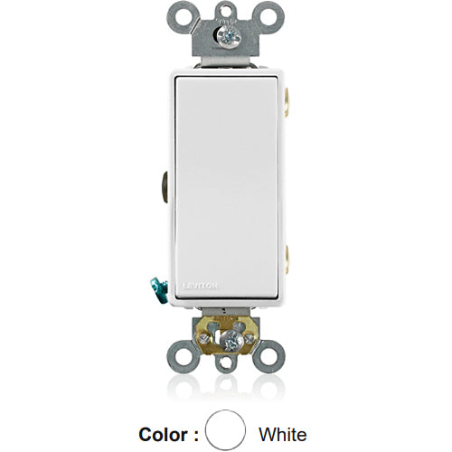 Leviton 5693-2W, Decora Plus 3-Way AC Quiet Rocker Switch, Commercial Specification Grade, 15 Amp, 120/277 Volt, Self-Grounding, Back and Side Wired, White