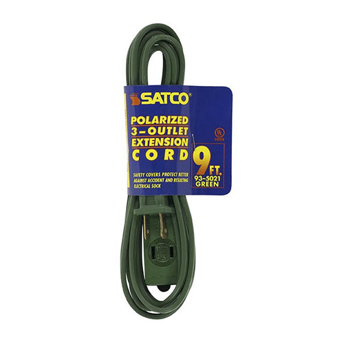 Satco 93-5021, 9 Foot Extension Cord, 13A, 125V, 1625W Rating, Green Finish, 16/2 SPT-2, Indoor Only