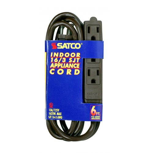 Satco 93-5044, 6 Foot Extension Cord, 13A, 125V, 1625W Rating, Brown Finish, 16/3 SJT, Indoor Only