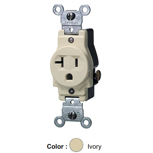 Leviton 5801-I, Standard Straight Blade Single Receptacle, Commercial Specification Grade, Indented Face, 20A 125V, NEMA 5-20R, 2-Pole, 3-Wire, Side Wire Only, Ivory