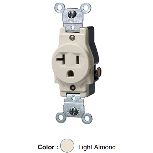 Leviton 5801-T, Standard Straight Blade Single Receptacle, Commercial Specification Grade, Indented Face, 20A 125V, NEMA 5-20R, 2-Pole, 3-Wire, Side Wire Only, Light Almond