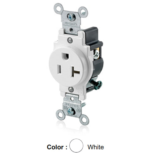Leviton 5801-W, Standard Straight Blade Single Receptacle, Commercial Specification Grade, Indented Face, 20A 125V, NEMA 5-20R, 2-Pole, 3-Wire, Side Wire Only, White