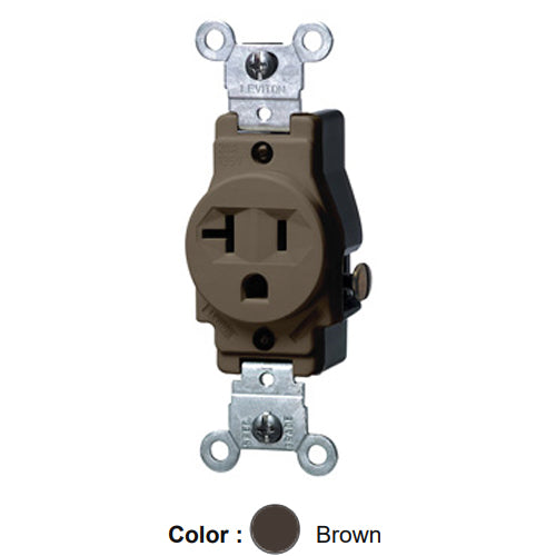 Leviton 5801, Standard Straight Blade Single Receptacle, Commercial Specification Grade, Indented Face, 20A 125V, NEMA 5-20R, 2-Pole, 3-Wire, Side Wire Only, Brown