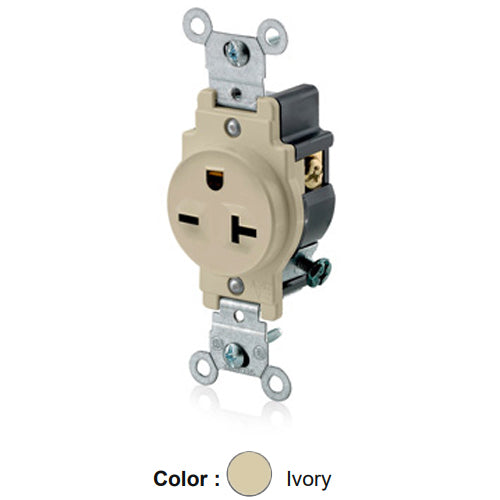 Leviton 5821-I, Standard Straight Blade Single Receptacle, Commercial Specification Grade, Indented Face, 20A 250V, NEMA 6-20R, 2-Pole, 3-Wire, Side Wire Only, Ivory