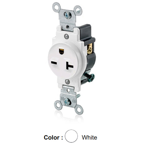 Leviton 5821-W, Standard Straight Blade Single Receptacle, Commercial Specification Grade, Indented Face, 20A 250V, NEMA 6-20R, 2-Pole, 3-Wire, Side Wire Only, White