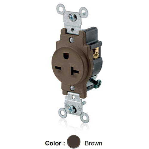 Leviton 5821, Standard Straight Blade Single Receptacle, Commercial Specification Grade, Indented Face, 20A 250V, NEMA 6-20R, 2-Pole, 3-Wire, Side Wire Only, Brown