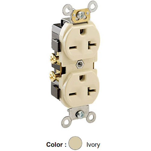 Leviton 5822-I, Standard Straight Blade Duplex Receptacle, Commercial Specification Grade, Indented Face, 20A 250V, NEMA 6-20R, 2-Pole, 3-Wire, Self-Grounding, Side Wire Only, Ivory
