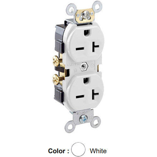 Leviton 5822-W, Standard Straight Blade Duplex Receptacle, Commercial Specification Grade, Indented Face, 20A 250V, NEMA 6-20R, 2-Pole, 3-Wire, Self-Grounding, Side Wire Only, White