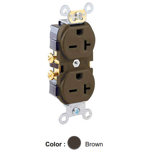 Leviton 5822, Standard Straight Blade Duplex Receptacle, Commercial Specification Grade, Indented Face, 20A 250V, NEMA 6-20R, 2-Pole, 3-Wire, Self-Grounding, Side Wire Only, Brown
