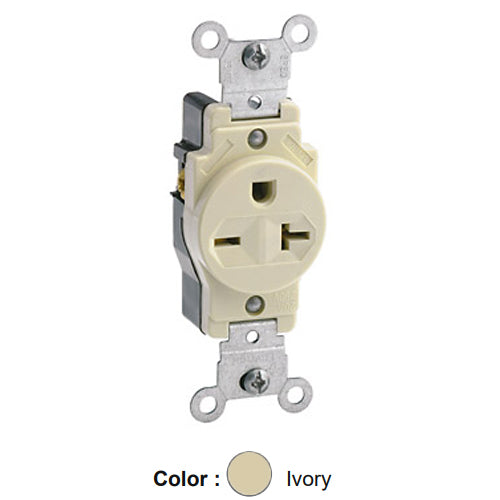 Leviton 5823-I, Standard Straight Blade Single Receptacle, Commercial Specification Grade, Indented Face, 20A 250V, NEMA 6-20R, 2-Pole, 3-Wire, Self-Grounding, Back and Side Wire, Ivory