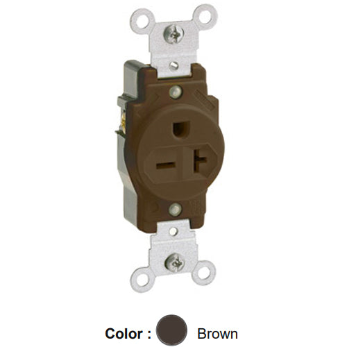 Leviton 5823, Standard Straight Blade Single Receptacle, Commercial Specification Grade, Indented Face, 20A 250V, NEMA 6-20R, 2-Pole, 3-Wire, Self-Grounding, Back and Side Wire, Brown