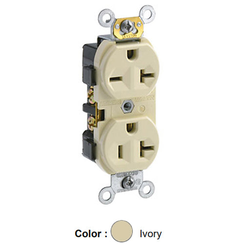 Leviton 5842-I, Standard Straight Blade Duplex Receptacle, Commercial Specification Grade, Dual Voltage, Indented Face, 20A 125/250V, NEMA 5-20R/6-20R, 2-Pole, 3-Wire, Side Wire Only, Ivory