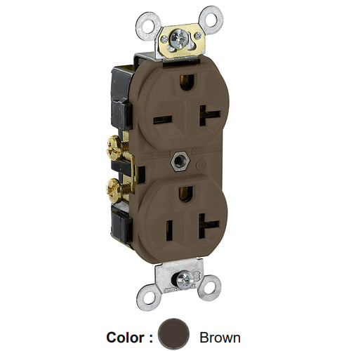 Leviton 5842, Standard Straight Blade Duplex Receptacle, Commercial Specification Grade, Dual Voltage, Indented Face, 20A 125/250V, NEMA 5-20R/6-20R, 2-Pole, 3-Wire, Side Wire Only, Brown