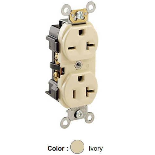 Leviton 5844-I, Standard Straight Blade Duplex Receptacle, Commercial Specification Grade, Dual Voltage, Indented Face, 20A 125/250V, NEMA 5-20R/6-20R, 2-Pole, 3-Wire, Back and Side Wire, Ivory