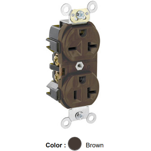 Leviton 5844, Standard Straight Blade Duplex Receptacle, Commercial Specification Grade, Dual Voltage, Indented Face, 20A 125/250V, NEMA 5-20R/6-20R, 2-Pole, 3-Wire, Back and Side Wire, Brown