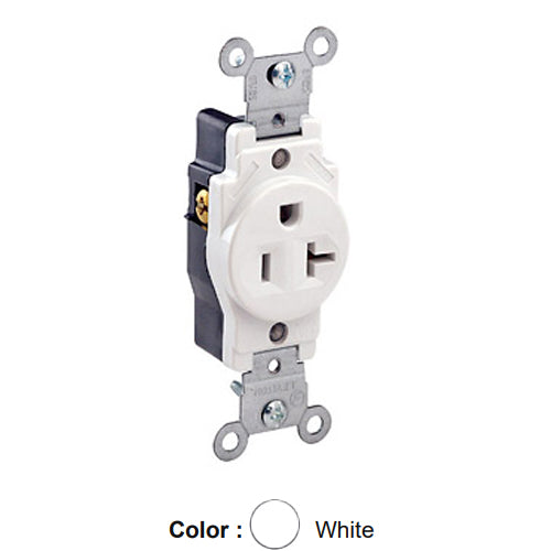 Leviton 5891-W, Standard Straight Blade Single Receptacle, Commercial Specification Grade, Indented Face, 20A 125V, NEMA 5-20R, 2-Pole, 3-Wire, Self-Grounding, Back and Side Wire, White