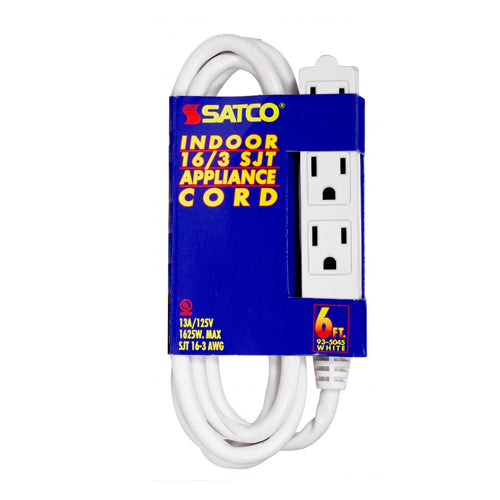 Satco 93-5045, 6 Foot Extension Cord, 13A, 125V, 1625W Rating, White Finish, 16/3 SJT, Indoor Only