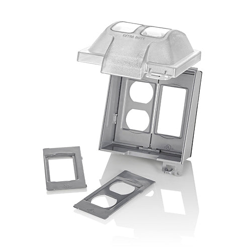 Leviton 5982-UCL, 2-Gang Extra Duty Weatherproof While-In-Use Cover for GFCI/Decora, Includes Adapter Plates for Duplex and Single Receptacle, Vertical Mounting, Lid, Clear