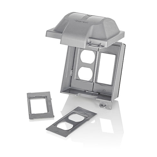 Leviton 5982-UGY, 2-Gang Extra Duty Weatherproof While-In-Use Cover for GFCI/Decora, Includes Adapter Plates for Duplex and Single Receptacle, Vertical Mounting, Lid, Gray
