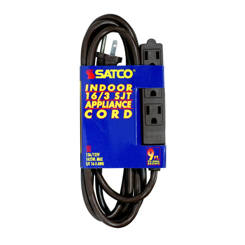 Satco 93-5046, 9 Foot Extension Cord, 13A, 125V, 1625W Rating, Brown Finish, 16/3 SJT, Indoor Only