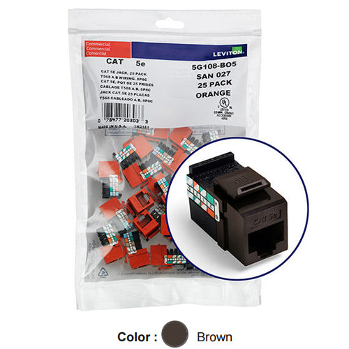 Leviton 5G108-BB5, GIGAMAX Cat 5e UTP Quickport Jack, 25-Pack, Brown