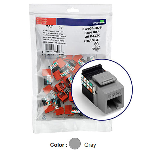 Leviton 5G108-BG5, GIGAMAX Cat 5e UTP Quickport Jack, 25-Pack, Gray