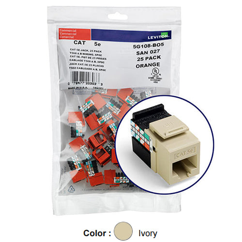 Leviton 5G108-BI5, GIGAMAX Cat 5e UTP Quickport Jack, 25-Pack, Ivory