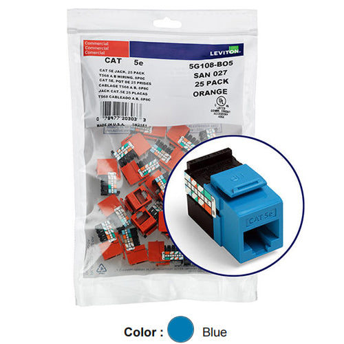 Leviton 5G108-BL5, GIGAMAX Cat 5e UTP Quickport Jack, 25-Pack, Blue