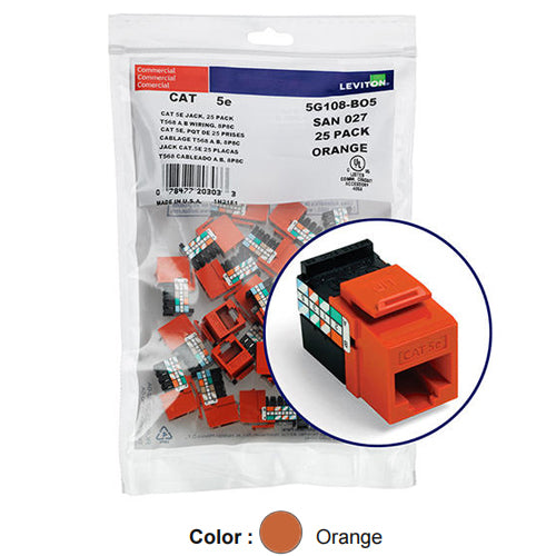 Leviton 5G108-BO5, GIGAMAX Cat 5e UTP Quickport Jack, 25-Pack, Orange