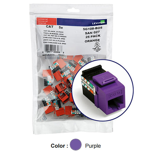 Leviton 5G108-BP5, GIGAMAX Cat 5e UTP Quickport Jack, 25-Pack, Purple