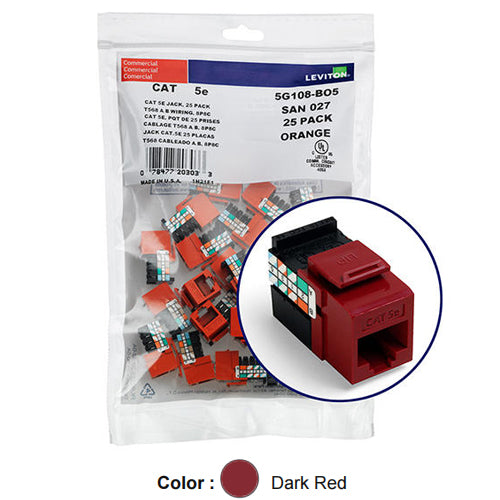 Leviton 5G108-BR5, GIGAMAX Cat 5e UTP Quickport Jack, 25-Pack, Dark Red