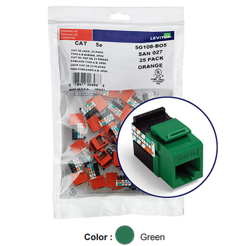 Leviton 5G108-BV5, GIGAMAX Cat 5e UTP Quickport Jack, 25-Pack, Green