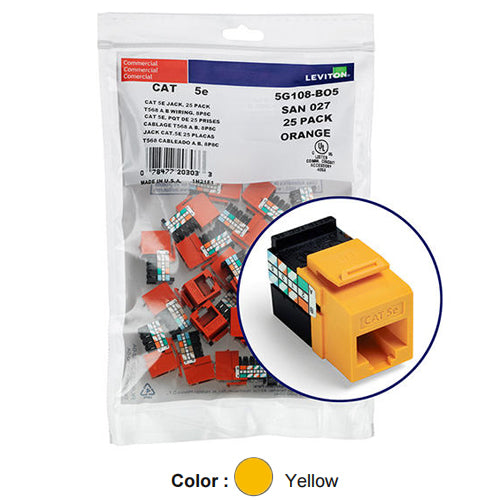 Leviton 5G108-BY5, GIGAMAX Cat 5e UTP Quickport Jack, 25-Pack, Yellow