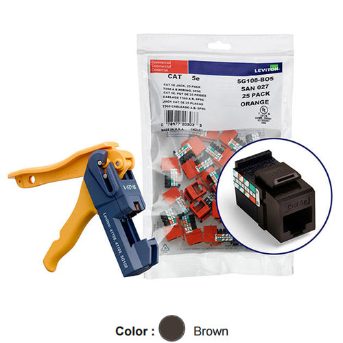 Leviton 5G108-JB5, GIGAMAX Cat 5e UTP Quickport Jack, Kitted with JackRapid Tool, 150-Pack, Brown