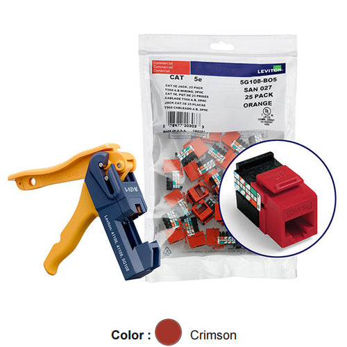 Leviton 5G108-JC5, GIGAMAX Cat 5e UTP Quickport Jack, Kitted with JackRapid Tool, 150-Pack, Crimson