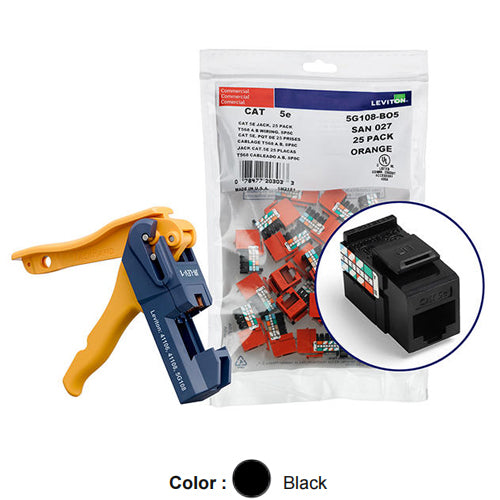Leviton 5G108-JE5, GIGAMAX Cat 5e UTP Quickport Jack, Kitted with JackRapid Tool, 150-Pack, Black