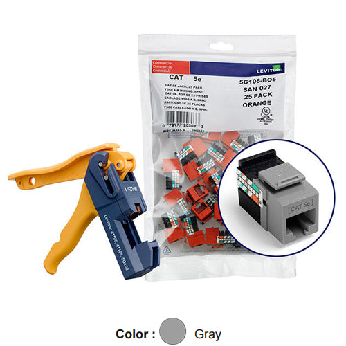 Leviton 5G108-JG5, GIGAMAX Cat 5e UTP Quickport Jack, Kitted with JackRapid Tool, 150-Pack, Gray