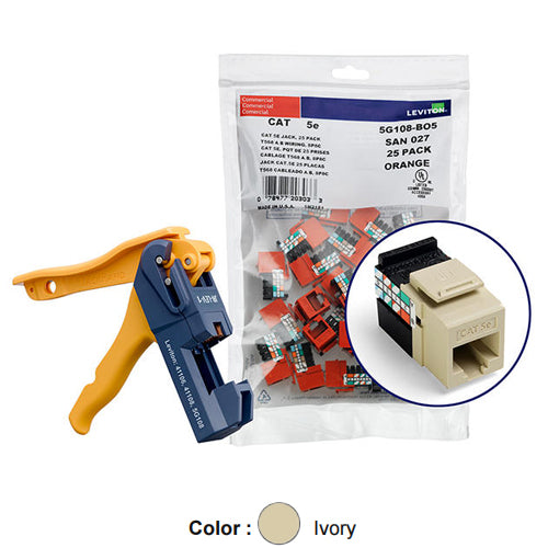 Leviton 5G108-JI5, GIGAMAX Cat 5e UTP Quickport Jack, Kitted with JackRapid Tool, 150-Pack, Ivory