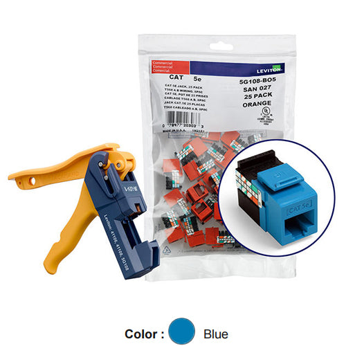Leviton 5G108-JL5, GIGAMAX Cat 5e UTP Quickport Jack, Kitted with JackRapid Tool, 150-Pack, Blue