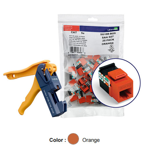 Leviton 5G108-JO5, GIGAMAX Cat 5e UTP Quickport Jack, Kitted with JackRapid Tool, 150-Pack, Orange