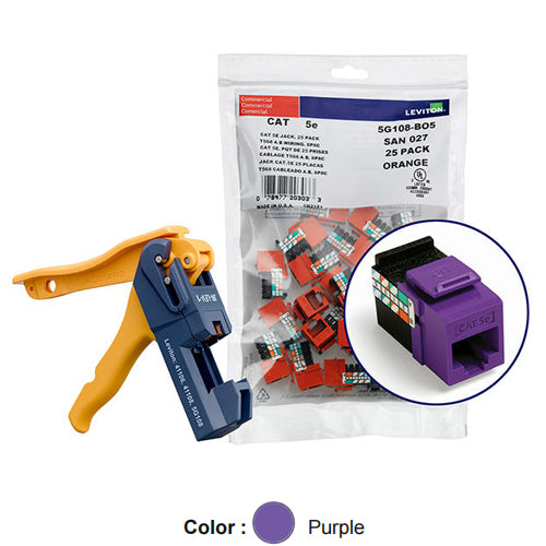 Leviton 5G108-JP5, GIGAMAX Cat 5e UTP Quickport Jack, Kitted with JackRapid Tool, 150-Pack, Purple