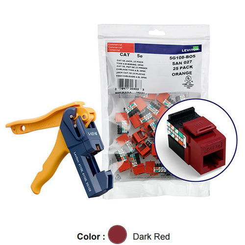 Leviton 5G108-JR5, GIGAMAX Cat 5e UTP Quickport Jack, Kitted with JackRapid Tool, 150-Pack, Dark Red