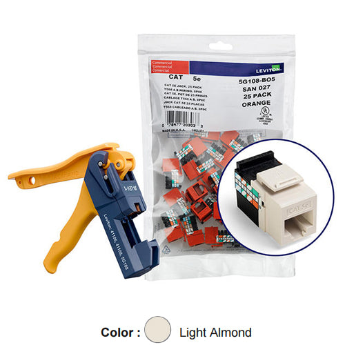 Leviton 5G108-JT5, GIGAMAX Cat 5e UTP Quickport Jack, Kitted with JackRapid Tool, 150-Pack, Light Almond