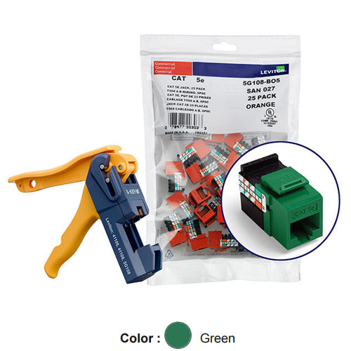 Leviton 5G108-JV5, GIGAMAX Cat 5e UTP Quickport Jack, Kitted with JackRapid Tool, 150-Pack, Green