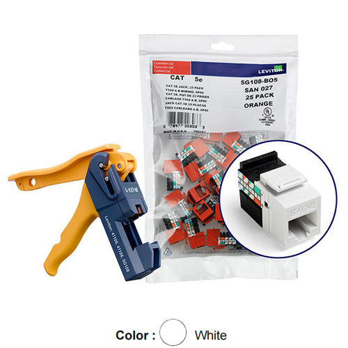 Leviton 5G108-JW5, GIGAMAX Cat 5e UTP Quickport Jack, Kitted with JackRapid Tool, 150-Pack, White