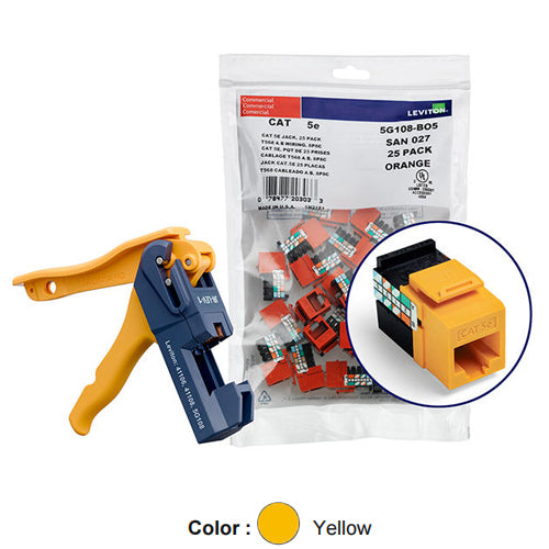Leviton 5G108-JY5, GIGAMAX Cat 5e UTP Quickport Jack, Kitted with JackRapid Tool, 150-Pack, Yellow